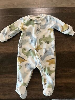 Carter's White Fleece Footed One-Piece with Green, Blue & Yellow Dino Print